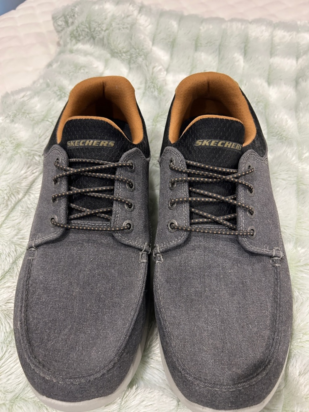 Skechers Men’s Gray Canvas Slip-On Style Lace Shoes with Tan Lining